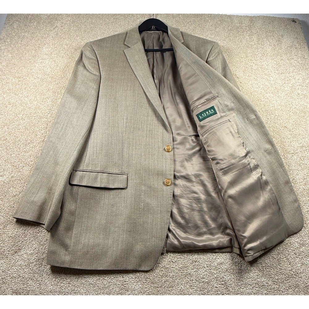 Ralph Lauren Men's 48L Tan Herringbone Silk Wool Blend Blazer Suit Jacket